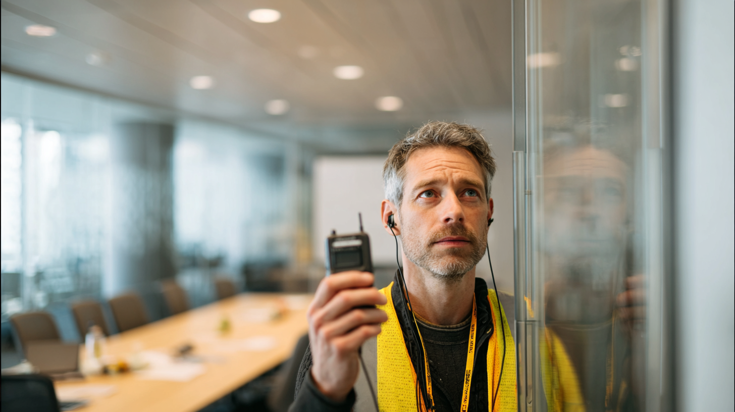 Technician measuring sound through a conference room glass partition